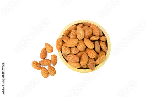 bowl of almonds, Roasted brown almond in wooden bowl and outside isolated on white background with clipping path stack top view flat lay