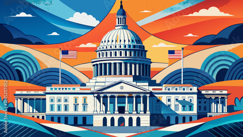 Very beautiful vintage-inspired illustration of the United States Capitol using mixed media collage style, bold orange and blue color blocks, artistic textures, and creative vector composition.