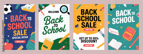Back to School Sale Clipart Poster Set with Educational Items Vector Illustration