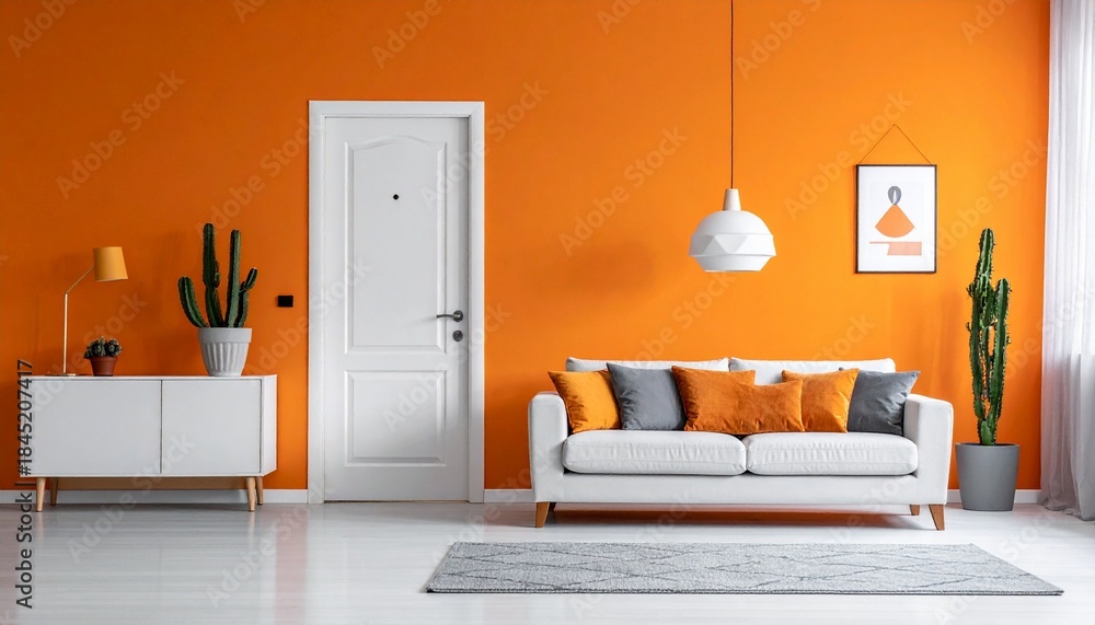 custom made wallpaper toronto digitalContemporary living room with orange accent wall, white sofa, sideboard, cacti, pendant light, and framed artwork