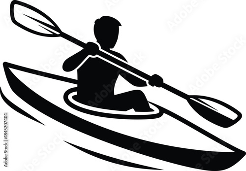 Silhouette of a person kayaking with a paddle on water canoe boat