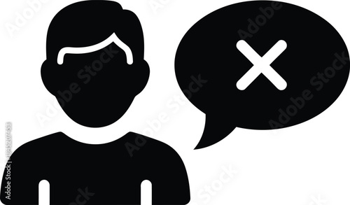 Silhouette of a person with a speech bubble containing a cross symbol Keywords: person, silhouette, speech bubble, chat, communication, message, cross, x, incorrect, wrong, error, negative