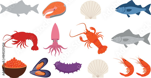 Seafood and marine animals collection with fish shellfish shrimp crab squid isolated flat vector illustration