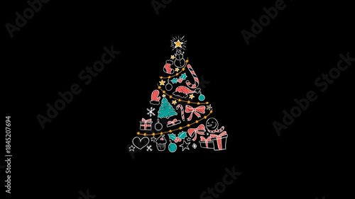 Vibrant Christmas tree with colorful ornaments on black background