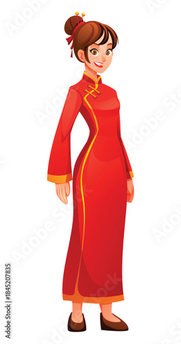 Beautiful woman wearing traditional Chinese Cheongsam dress (Qipao). Elegant standing female character smiling. Isolated. Vector cartoon illustration