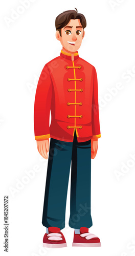 Man wearing traditional Chinese clothes and standing. Cheerful male character smiling. Isolated. Vector cartoon illustration