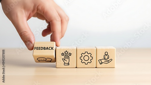 A person's hand places a wooden cube with feedback on a wooden table. The other wooden blocks contain related icons, depicting a system of customer engagement.