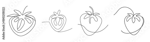 Four minimalist line art strawberries simple fruit outline design elements