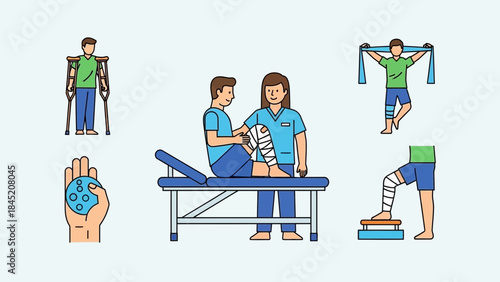 Comprehensive illustration of injury treatment and physical therapy techniques for recovery and