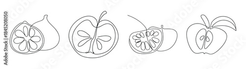 Four sweet sugar apple fruits cut in half showing seed interior line drawings