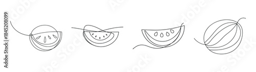 Four detailed outline drawings of watermelon halves and slices