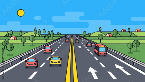 Bright and Clear Illustration of a Multi-Lane Road Traveling through a Scenic Countryside Under a