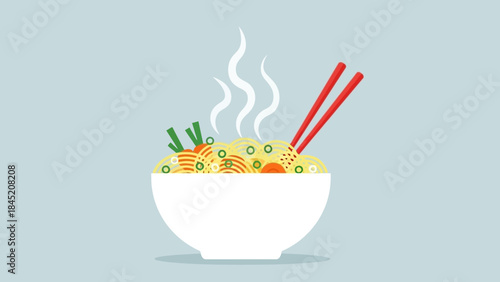 Bright and Simple Illustration of Hot Steaming Ramen in a White Bowl with Red Chopsticks on Light