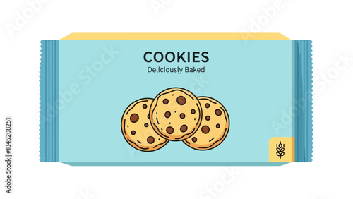 Brightly Packaged Cookies in a Soft Blue Wrapper with Chocolate Chip Illustration