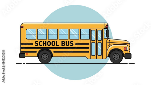 Bright yellow school bus with large windows and bold black lettering in a simple cartoon style