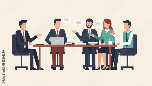 Business Meeting with Five Professionals Discussing Strategies in a Modern Office Setting