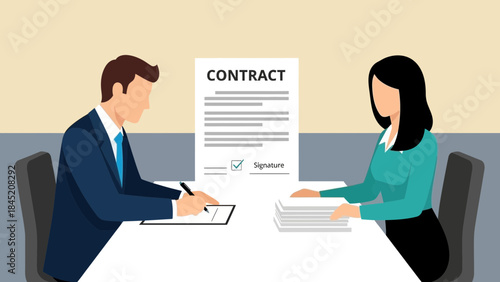 Business Contract Signing Illustration Featuring Two Professionals in a Formal Meeting