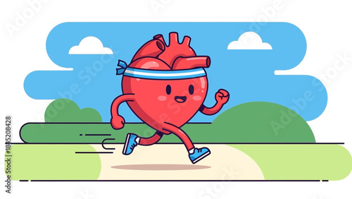 Cheerful Cartoon Heart Running Exercising in a Sporty Setting with a Headband and Sneakers