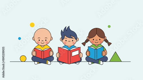 Children Reading Books Together in a Classroom Setting with Playful Geometric Shapes and Pastel