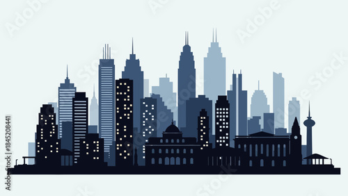 Cityscape Silhouette Featuring Diverse Skylines with Modern and Historic Buildings in Monochrome