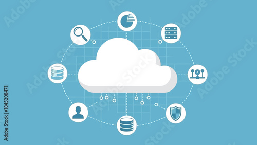 cloud computing network infrastructure with data security and processing icons on a blue background