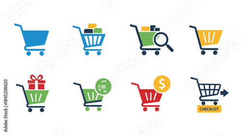 Collection of modern colorful shopping cart icons with various features and labels