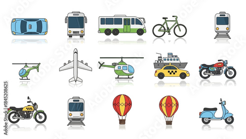 Collection of various modern transportation vehicles including motorcycles bicycles airplanes and