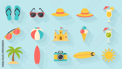 Collection of vibrant summer accessories and beach items for sunny days