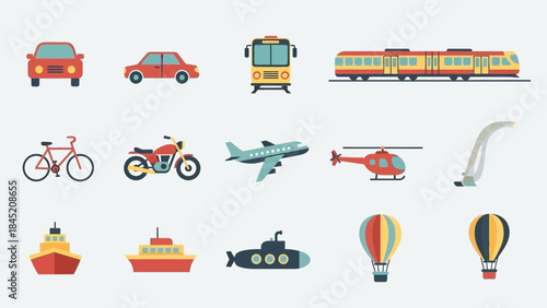 Collection of Various Transportation Vehicles Including Cars Trains Planes and Boats for Urban