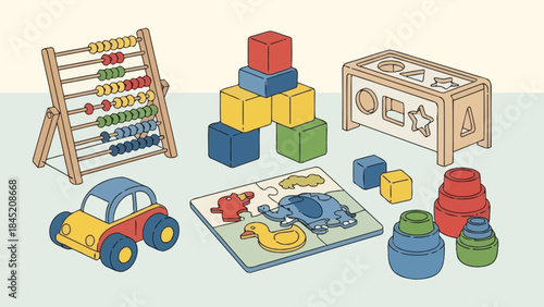 Colorful and Educational Children's Toy Set Featuring Blocks, Puzzle, and Vehicles for Early
