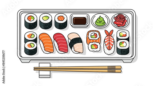 Colorful Assorted Sushi Platter Featuring Nigiri and Maki with Wasabi and Soy Sauce