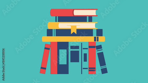 Colorful Illustration of a Towering Stack of Various Books with Bookmark