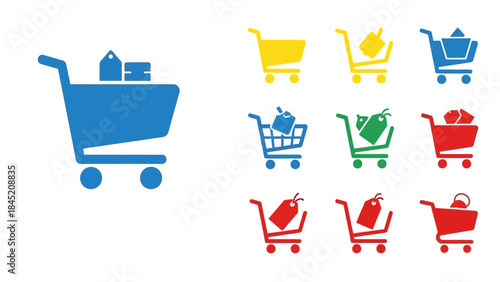 Colorful Shopping Carts Icon Set Illustrating diverse retail and ecommerce themes