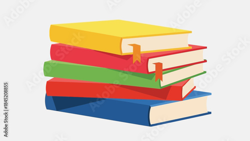 Colorful stacked books with vibrant covers and bookmarks illustrating learning and education themes