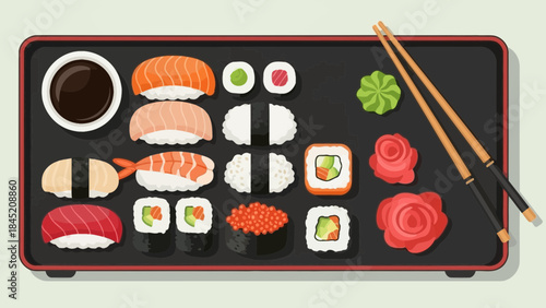Colorful sushi platter featuring a variety of fresh fish and traditional accompaniments