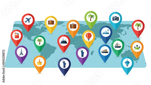 colorful world map with travel icons representing different destinations