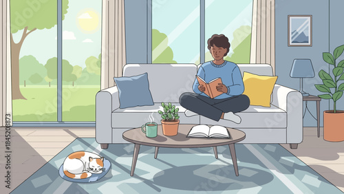 Comfortable living room scene with a person reading a book and a calico cat resting on a rug