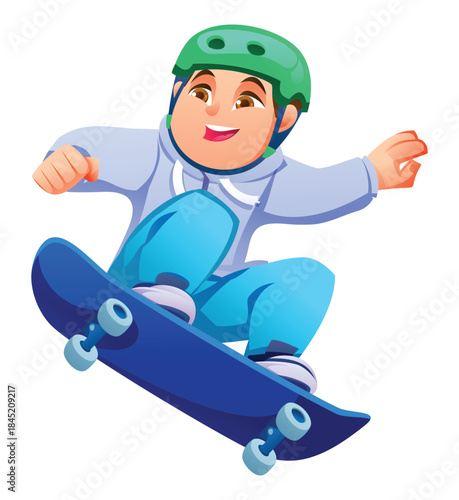 Young boy playing skateboard, wearing helmet and jacket performing a precise jump trick with forward momentum on white background isolated. Vector cartoon illustration