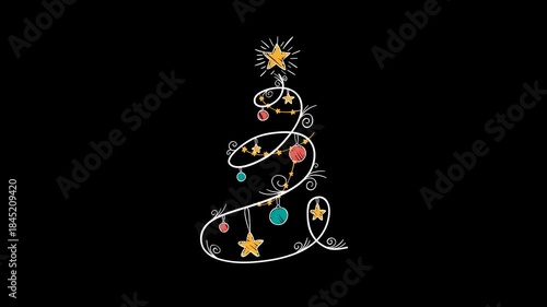 Whimsical Christmas tree with colorful ornaments and stars on black