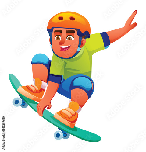 Young boy playing skateboard, wearing helmet and pads performing a big jump trick with one arm pointing up on white background isolated. Vector cartoon illustration
