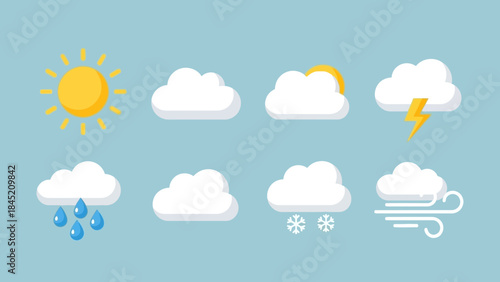Comprehensive weather icon set illustrating diverse atmospheric conditions for modern digital