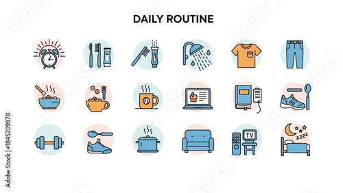 Comprehensive visual guide to daily routine activities including hygiene fitness and rest practices