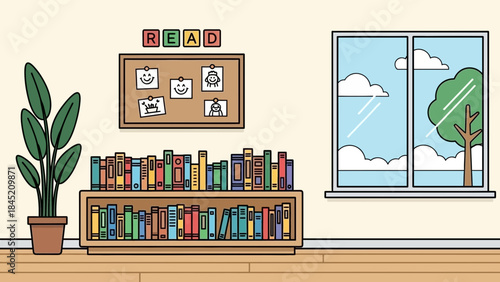 Cozy indoor reading corner with bookshelves and inspiring wall art