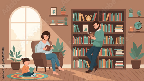 Cozy family reading session in a well-lit living room with large window and bookshelves creating a
