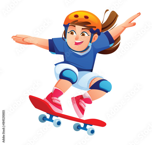 Young girl playing skateboard, wearing helmet and pads executing a dynamic trick with arms spread wide on white background isolated. Vector cartoon illustration