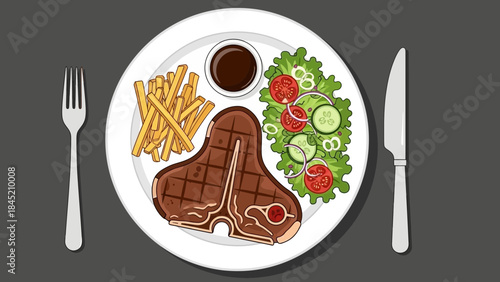 Delicious steak meal with fresh salad and crispy fries served with sauce and drink for a hearty
