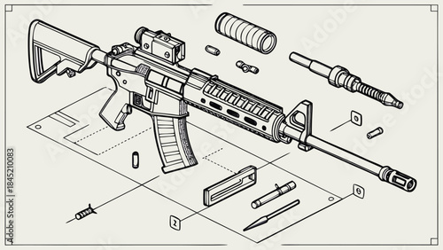  Assault Rifle Disassembled Illustration: Weapon Parts Diagram for Firearms Enthusiasts & Security Concepts