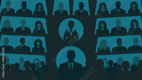 Virtual Business Conference Display with Central Speaker and Multiple Participants