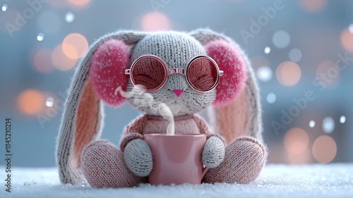 Adorable knitted bunny toy wearing earmuffs and sunglasses holding a pink cup in a cozy winter scene. Cute Christmas card footage.