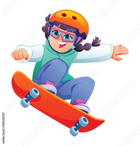 Young girl playing skateboard, wearing helmet and glasses performing a high jump trick with bent knees on white background isolated. Vector cartoon illustration